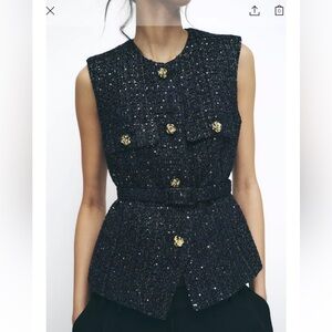 Zara Black Tweed Sleeveless Top with Gold Buttons